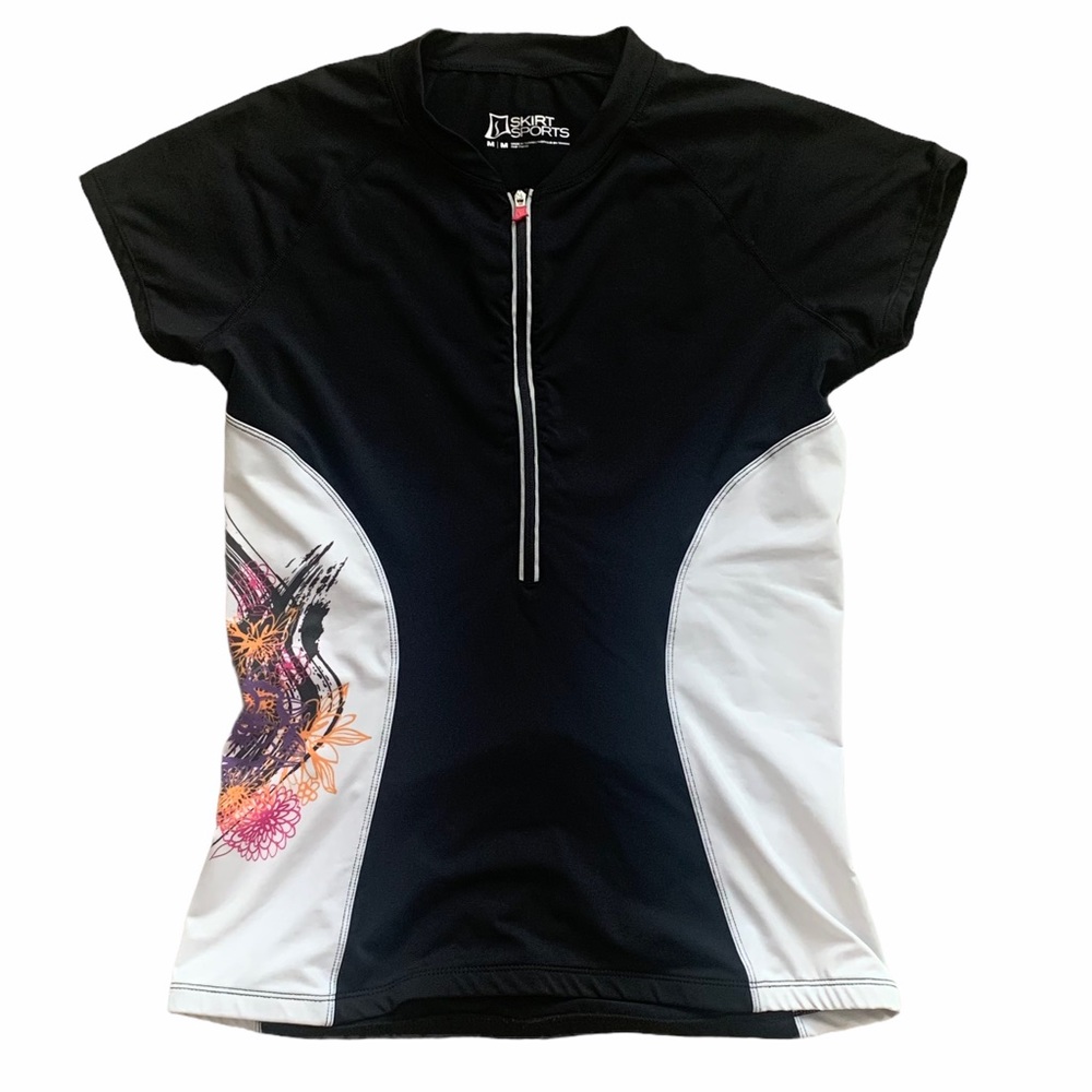 SkirtSports Cycling Jersey Half Zipper Black White with Floral Sides Size Medium